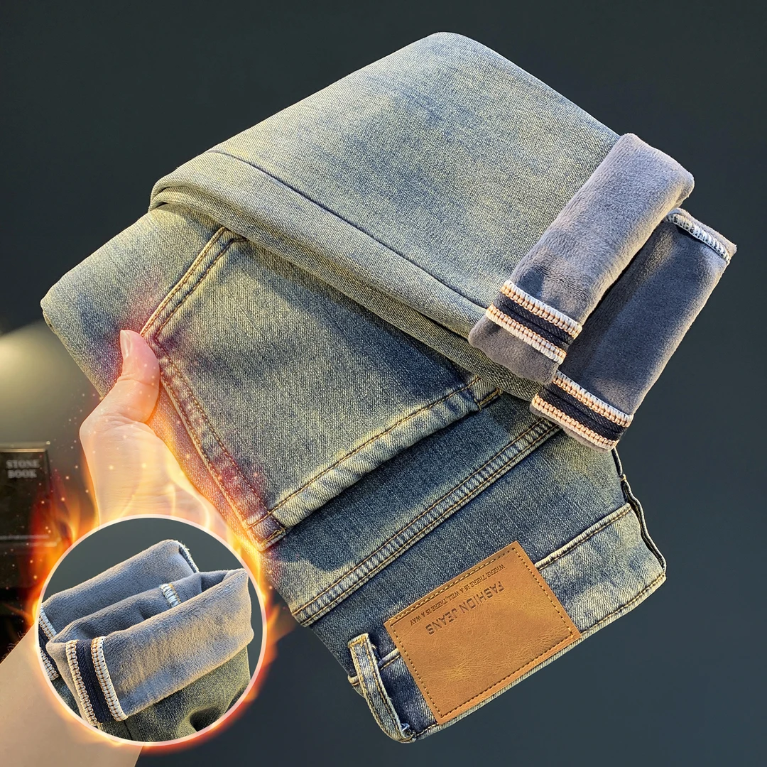 利尼科比利牛仔裤男士加绒加厚潮流新款冬季长裤水洗厚款保暖男裤