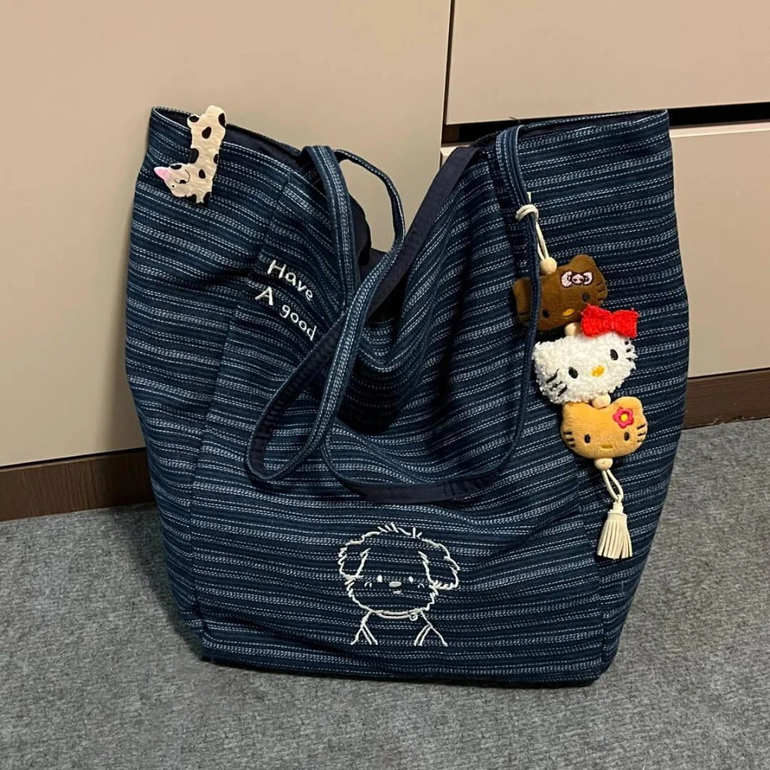 韩系休闲条纹帆布包女2025新款大容量单肩托特包双面背通勤腋下包