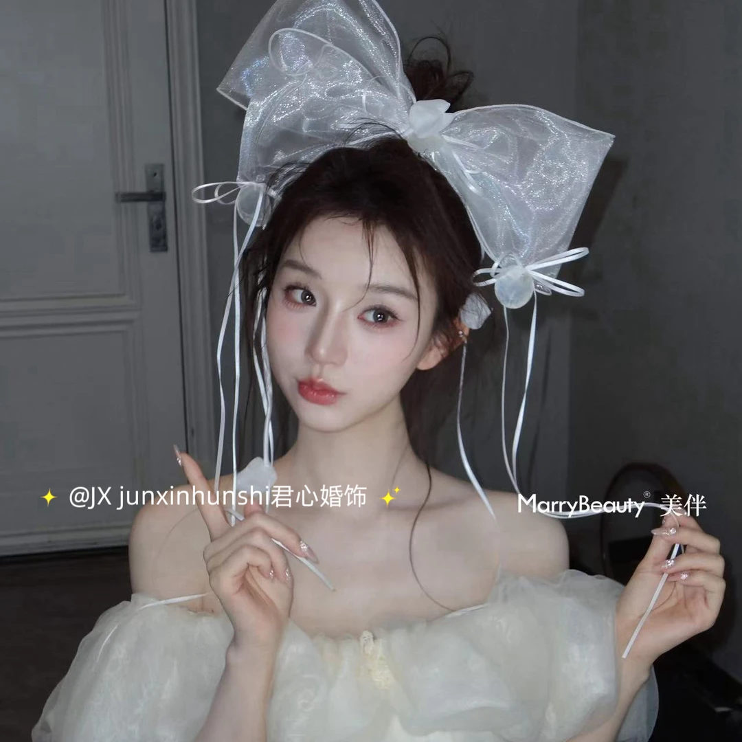 君心家 Y2超大蝴蝶结花苞丝带贝壳新娘减龄外景轻纱头饰