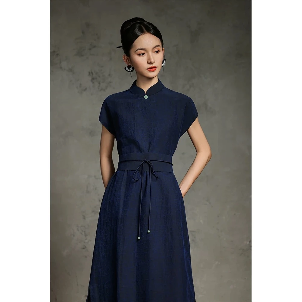 十六梅《蓝松》100%桑蚕丝30姆米老料龟裂纹香云纱真丝古法旗袍