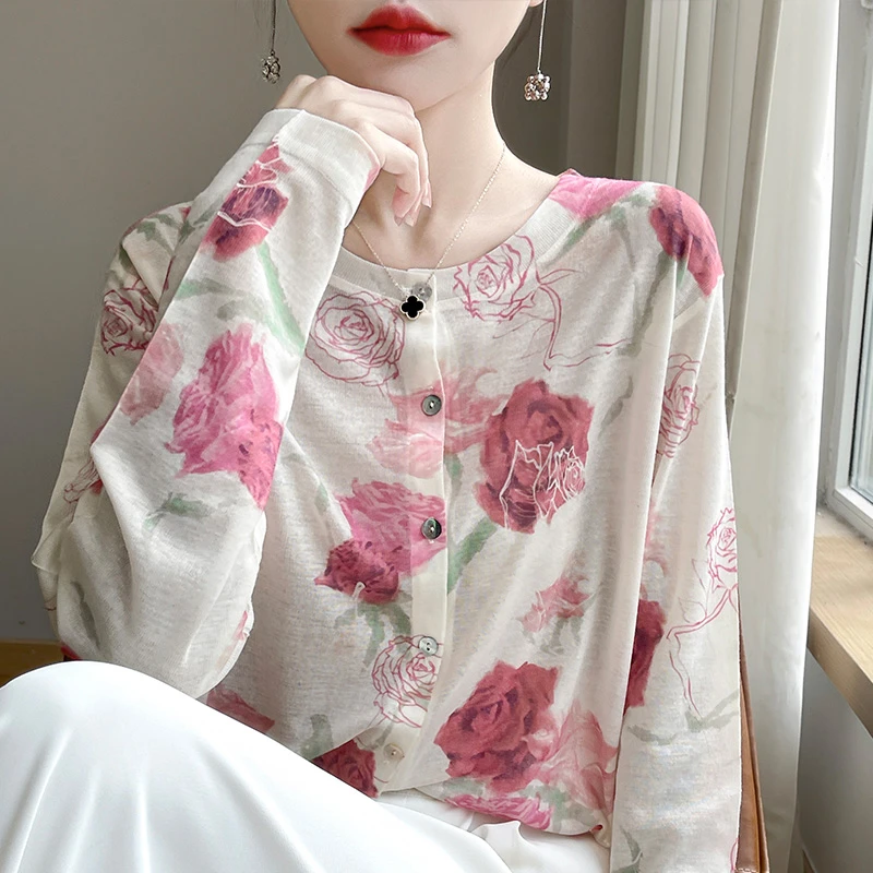 【奥莱撤柜】哥家春夏针织开衫女薄款气质印花长袖外搭简约百搭上衣