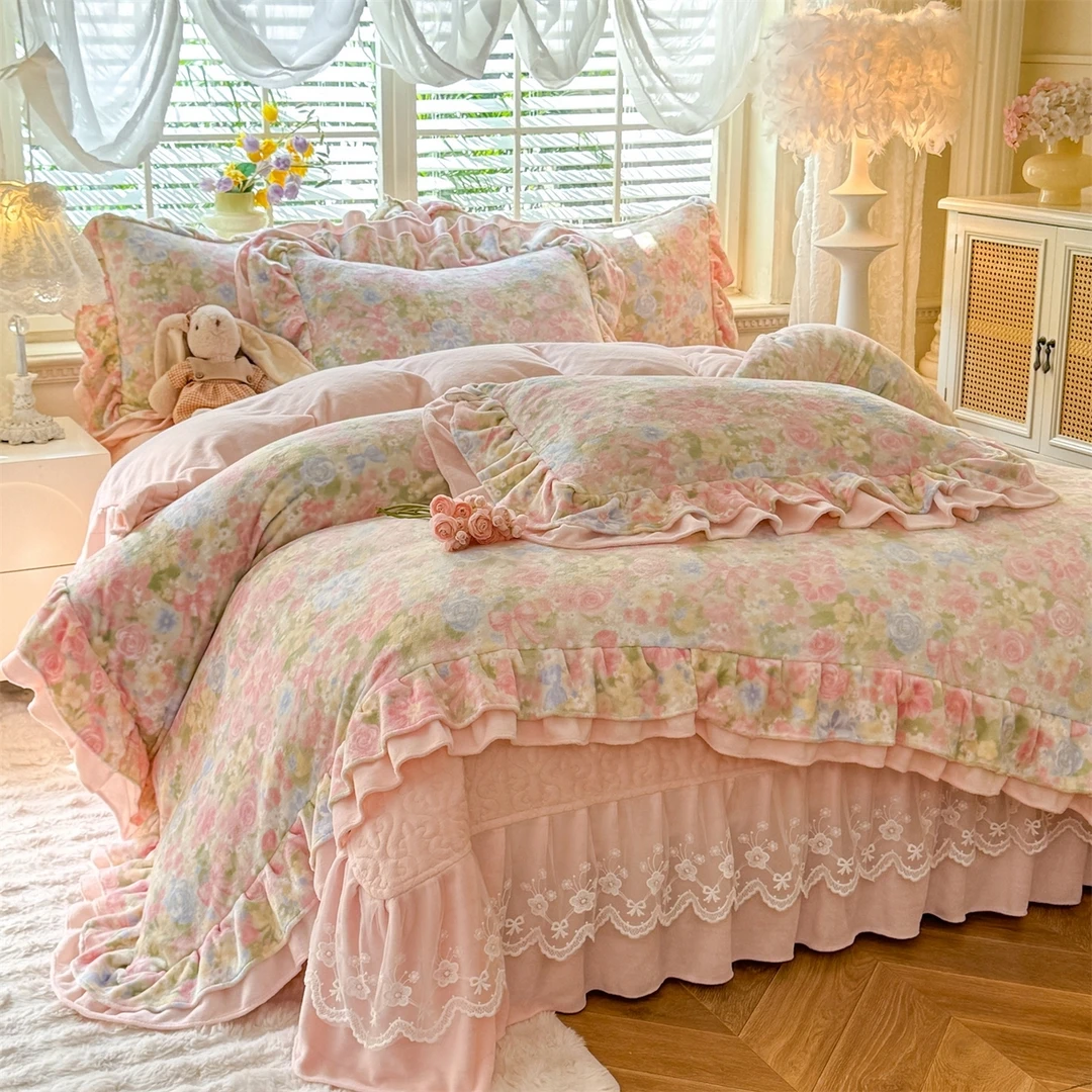 法式A类加厚牛奶绒花边床盖款床裙四件套轻奢简约加绒被套双面绒