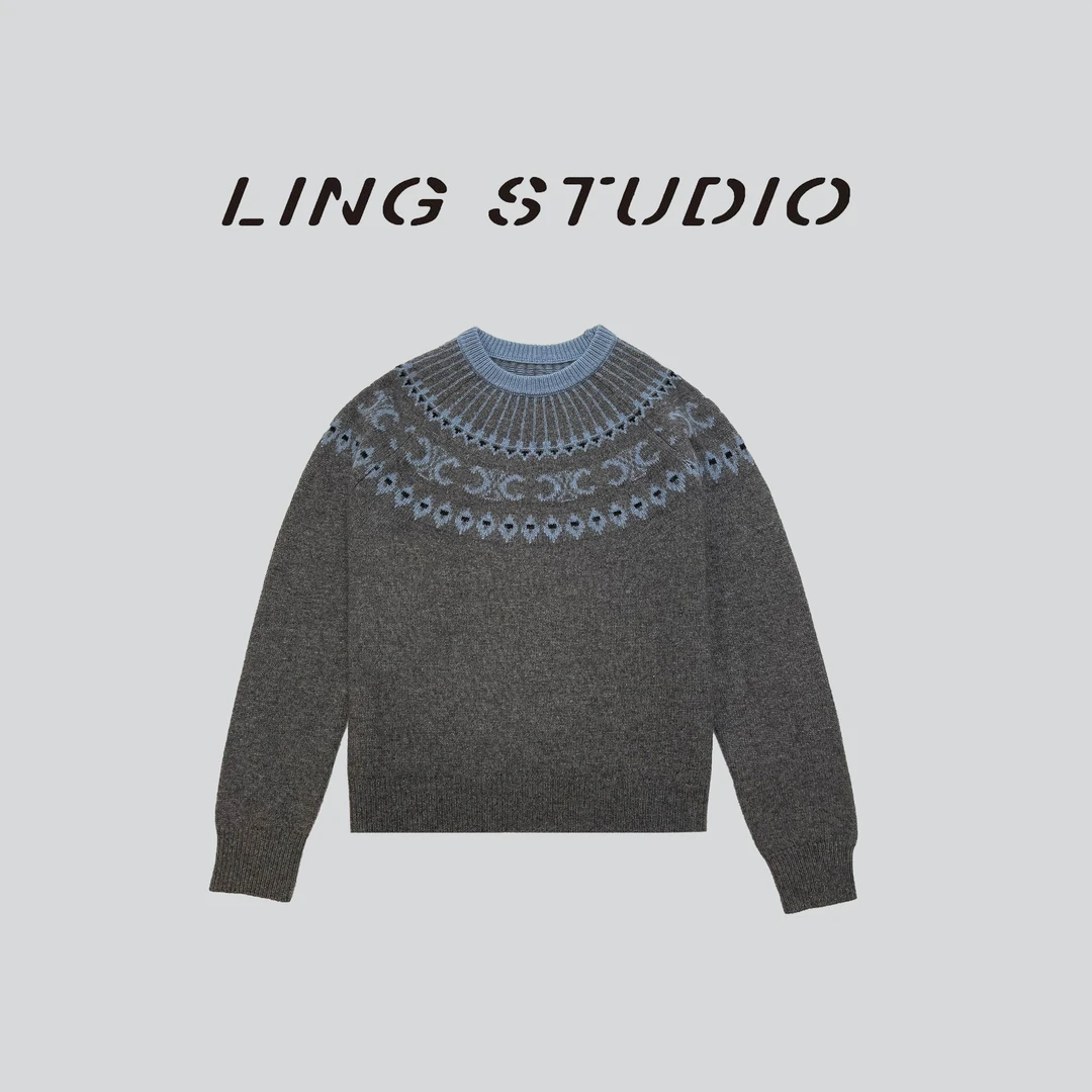 LING/STUDIO『灰蓝谧境』绵羊毛秋冬时尚慵懒风圆领套头毛衣5101904