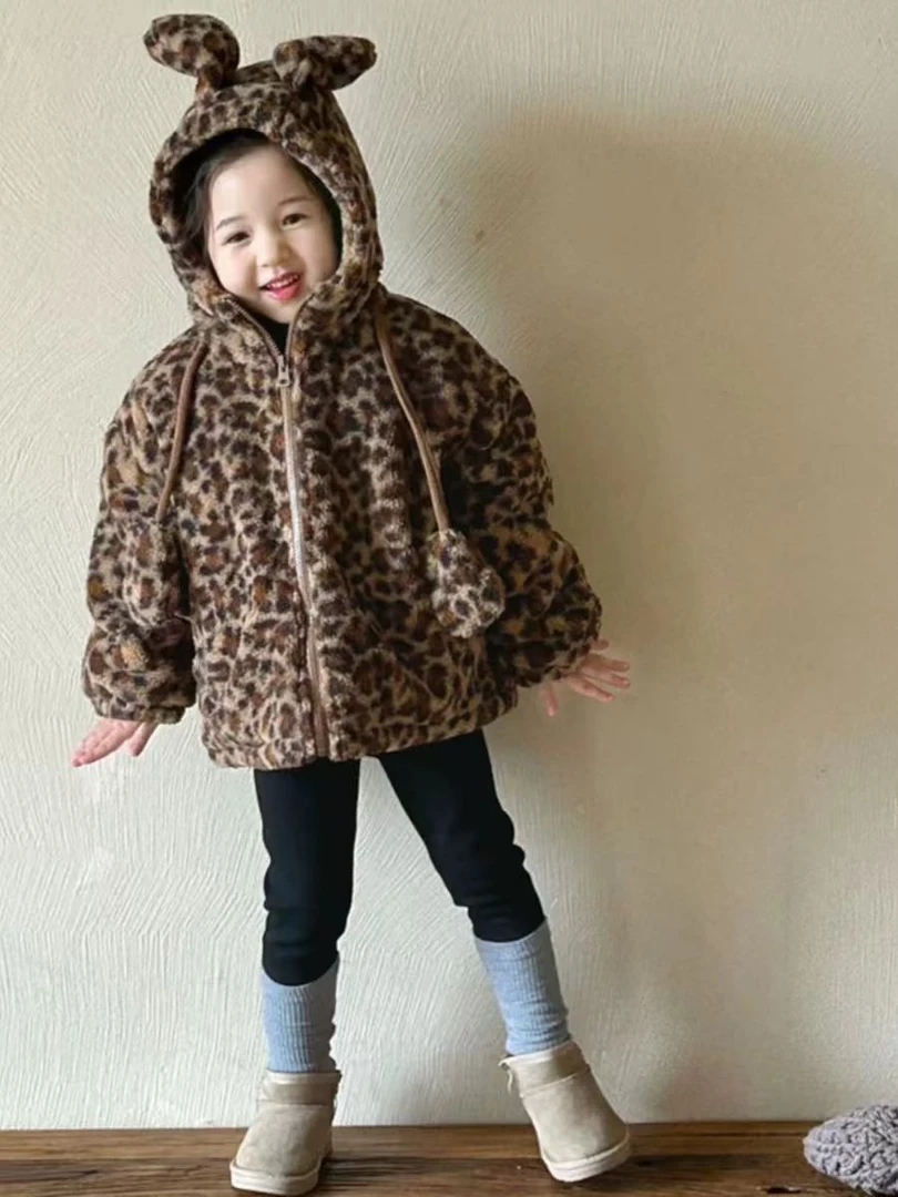 女童中大童豹纹款可爱软糯洋气加厚毛毛衣中长款秋冬外套