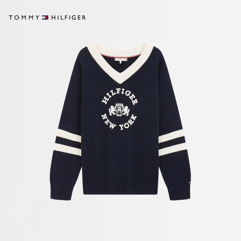 Tommy秋冬女装美式复古学院风徽章刺绣撞色V领针织衫毛衣03224