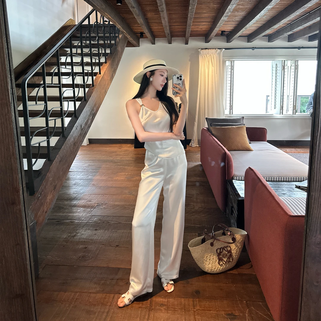 SX善喜高腰显瘦醋酸缎面阔腿裤女宽松直筒裤高级感气质休闲裤子女