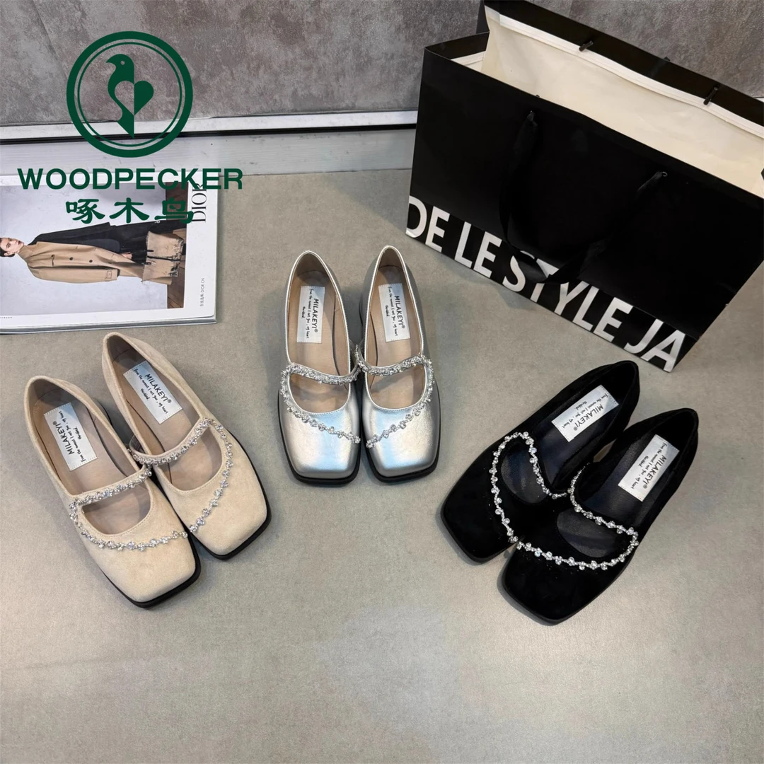 啄木鸟2025年春夏季新款水钻百搭时尚气质玛丽珍跟鞋爆款方头单鞋