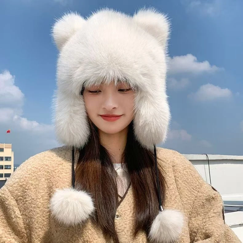 百搭仿毛小浣熊帽子尾巴冬季加厚保暖护耳帽美洲貉子毛雷锋帽可爱