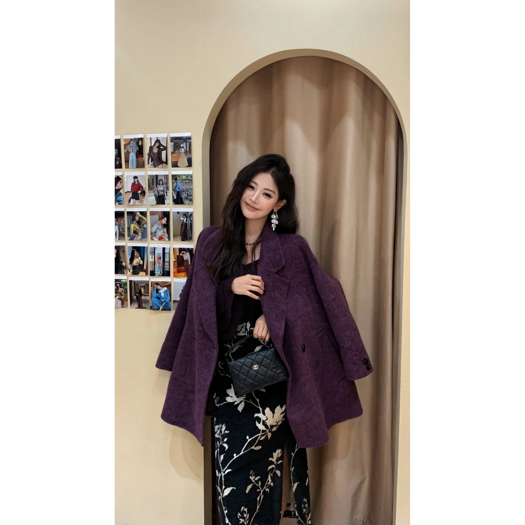利达 NEW DADADA 苏力羊毛紫色大衣秋冬时尚西装修身外套CHM3070