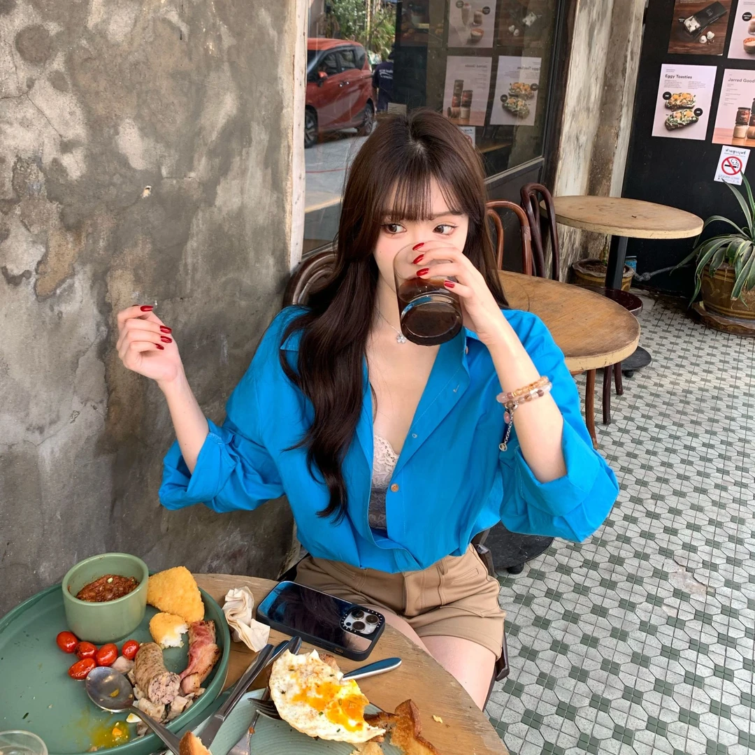 Liuu嘻嘻阿春日多巴胺防晒小衫女春季翻领长袖宽松百搭外穿衬衫