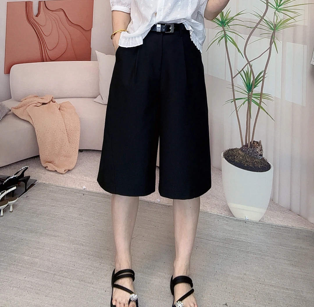 韩熙家黑色中裤2025夏季新款韩版高腰显瘦简约日常百搭修身六分裤