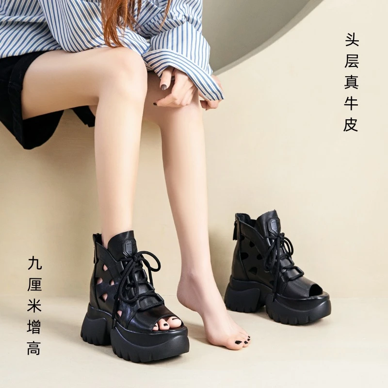 【真皮】真皮厚底鱼嘴罗马凉鞋春夏季新款潮前系带休闲女松糕鞋