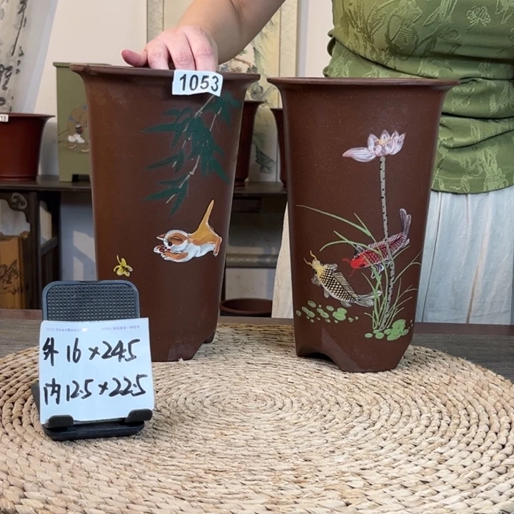 花盆紫砂  特惠紫泥彩绘兰花盆两只 1053
