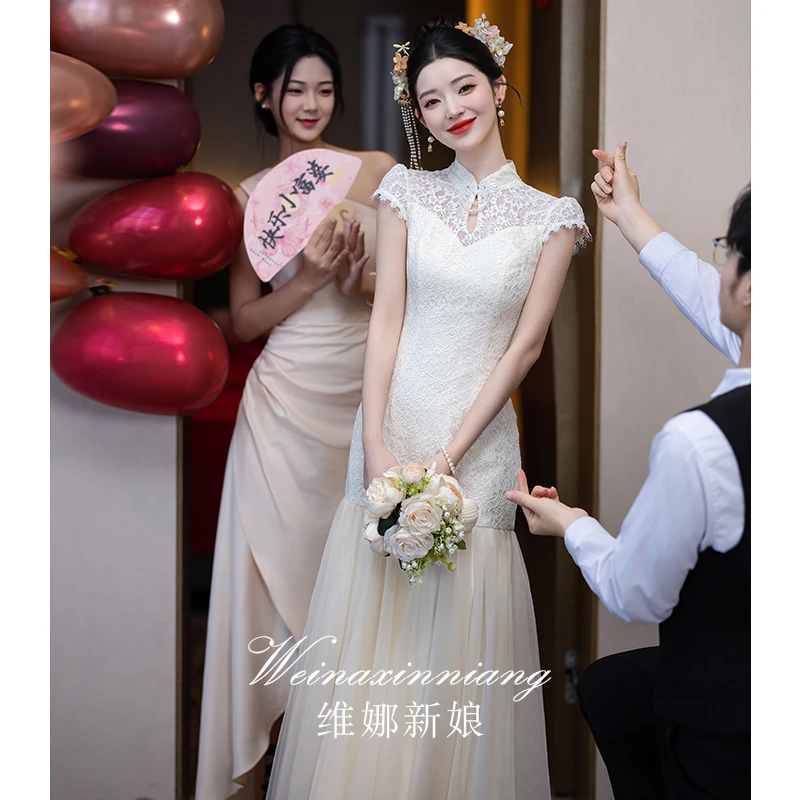 2025新款高级感新中式旗袍订婚晚礼服连衣裙蕾丝香槟色敬酒服新娘