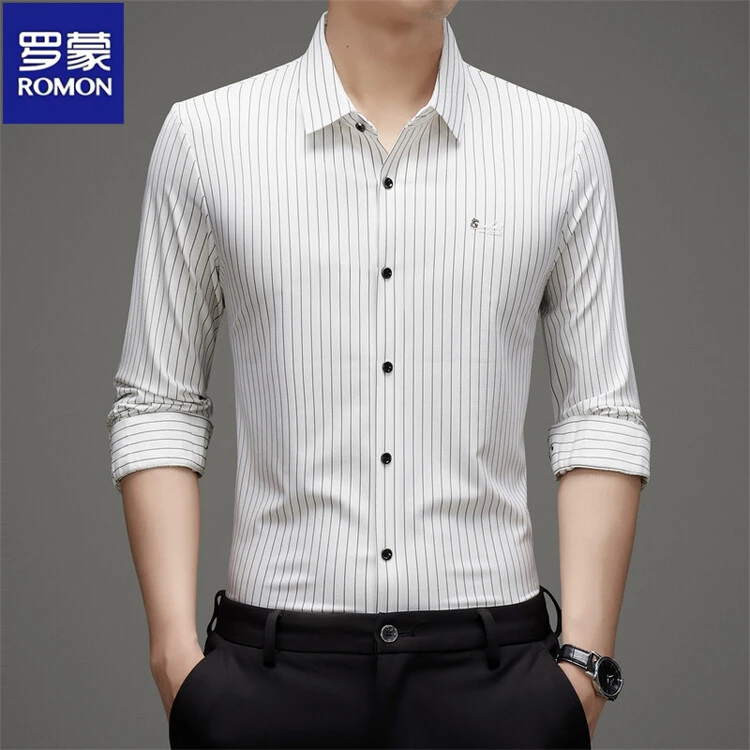 罗蒙秋季新款长袖衬衫中年男士薄款条纹无痕衬衣商务休闲修身寸衫