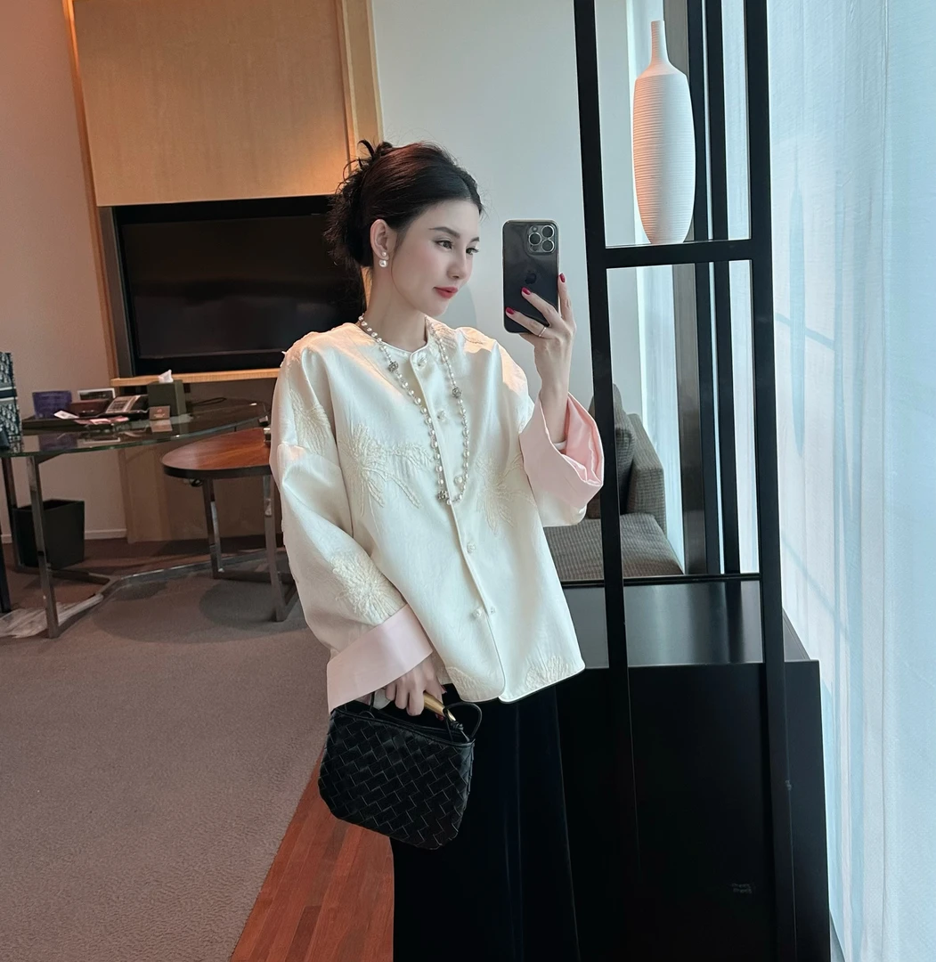 温温【清音】醋酸刺绣外套女春季新款中式国风圆领撞色上衣518096