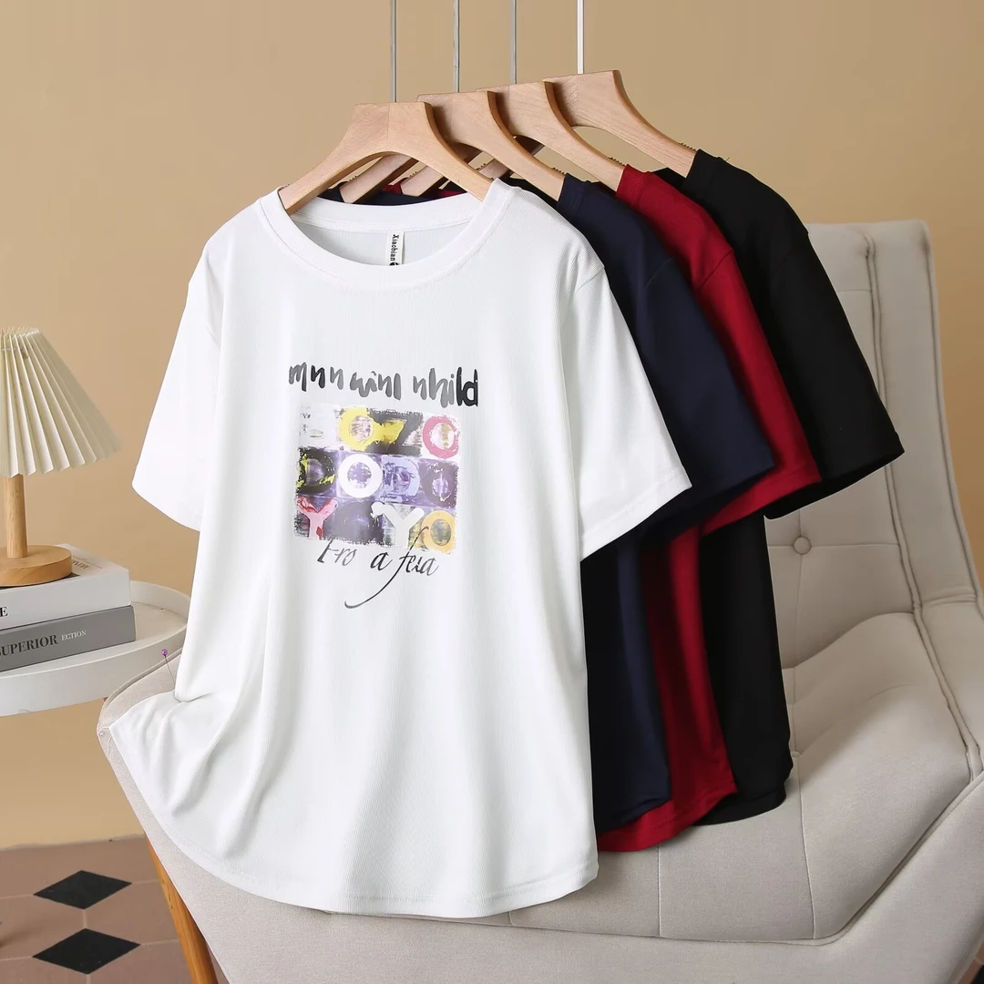 XB2508时尚潮流印花短袖T恤大码女装常规款圆弧下摆休闲上衣百搭