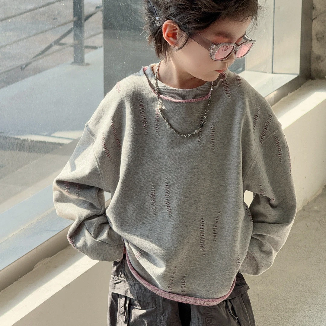 【漠屿】儿童卫衣2025春季新款男女童韩系破洞休闲上衣复古做旧时尚