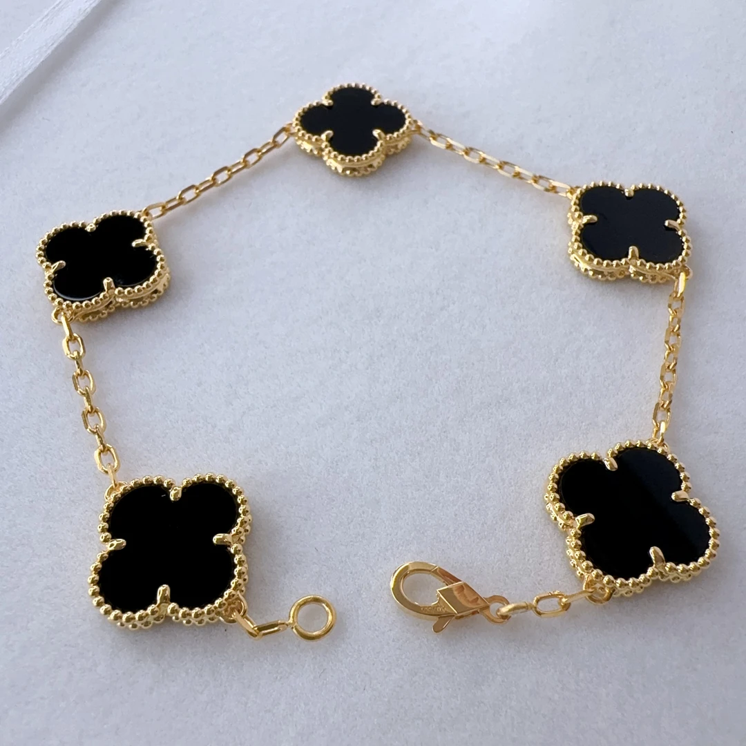 重金五花18K金黑玛瑙15mm四叶草手链