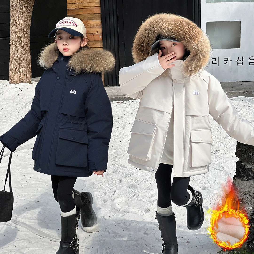女童冬季中长款棉衣外套大毛领加绒夹棉派克服女孩棉袄户外冲锋衣