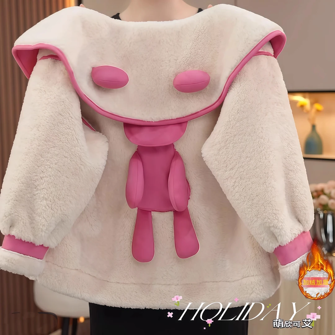 女童皮毛一体加厚外套秋冬2025娃娃领羊羔毛大衣保暖毛毛衣卡通潮