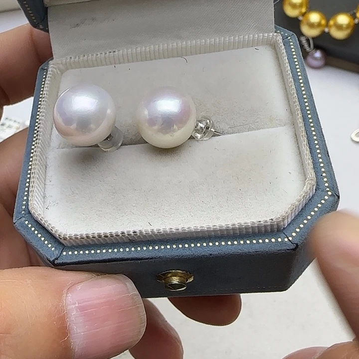 淡水珍珠耳饰银S925镶嵌11-12mm珍珠耳钉
