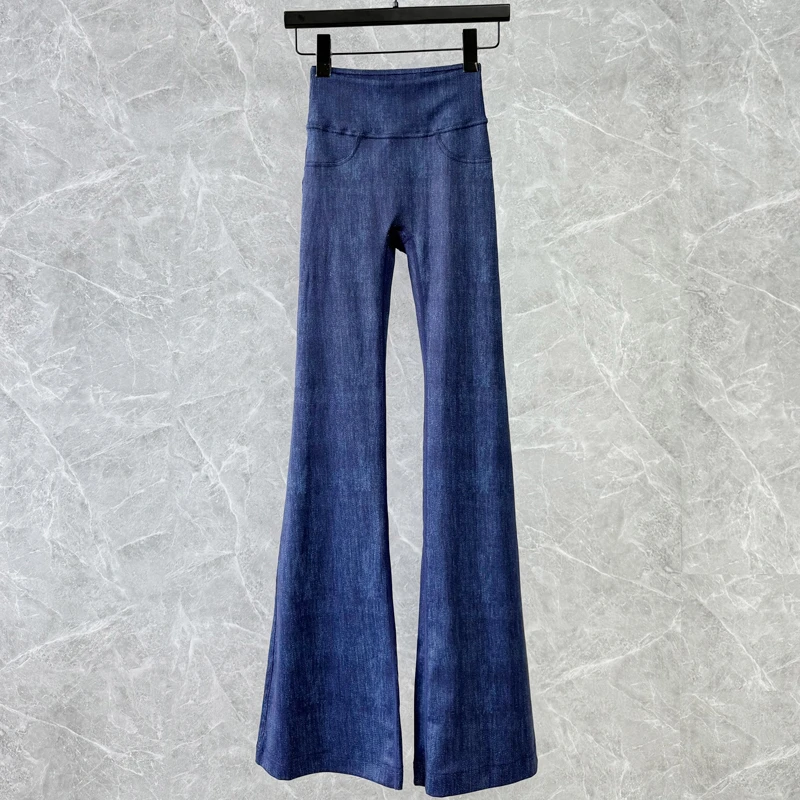 新款仿牛仔色瑜伽裤弹力速干高腰收腹提臀微跑步外穿微喇叭裤女