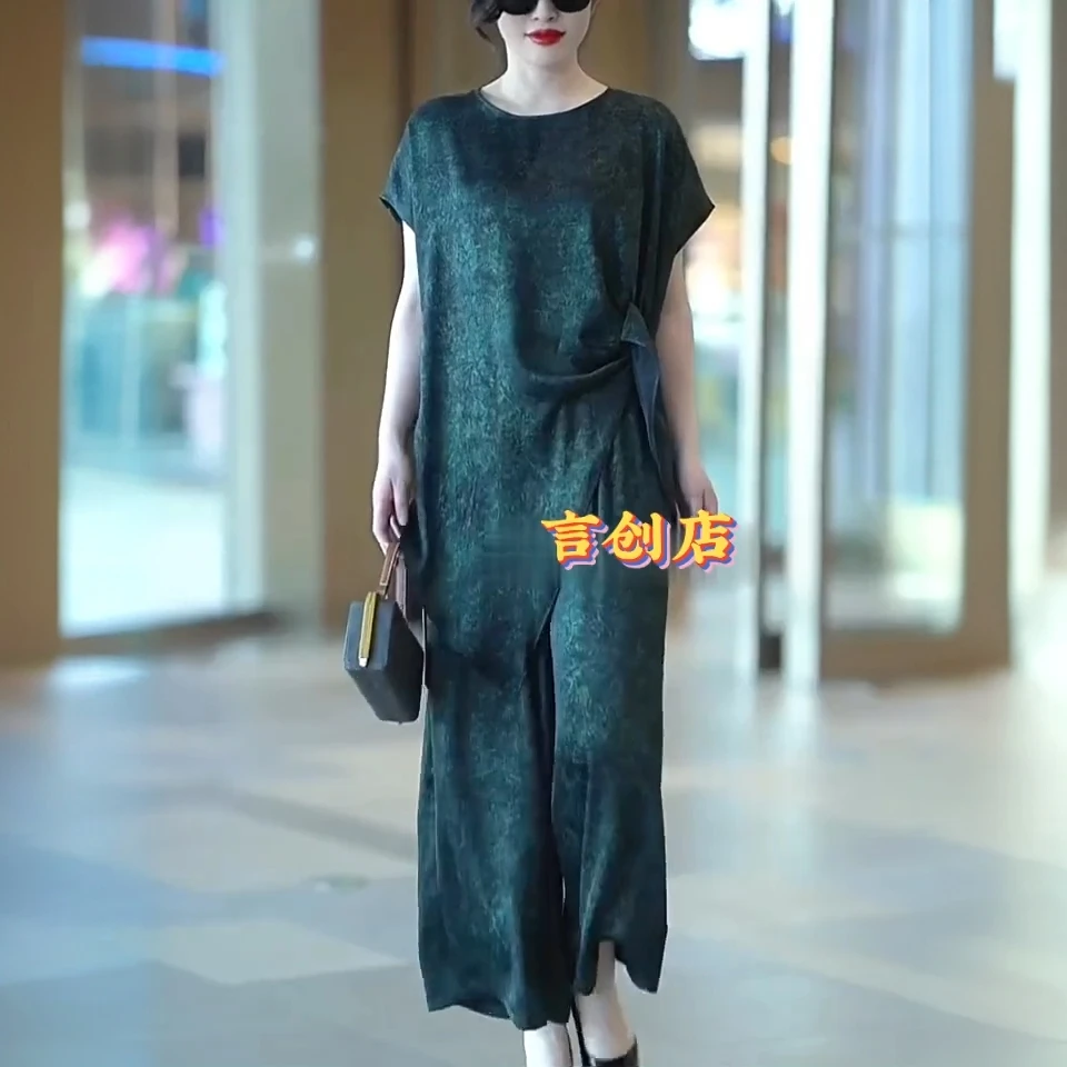 H60阔太太夏季宽松显瘦大码200斤套装50多岁中年妈妈复古风两件套