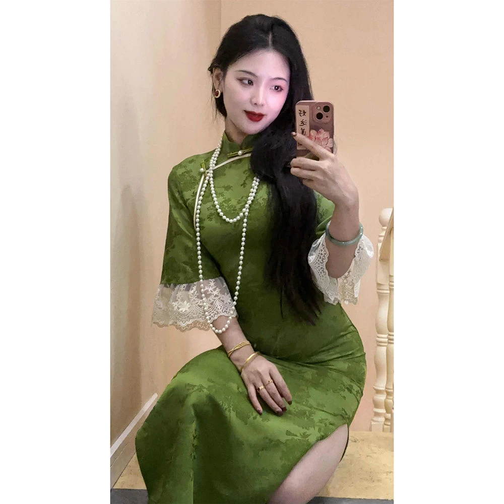 【9769】新中式旗袍墨绿色改良年轻款少女老上海日常连衣裙夏送考