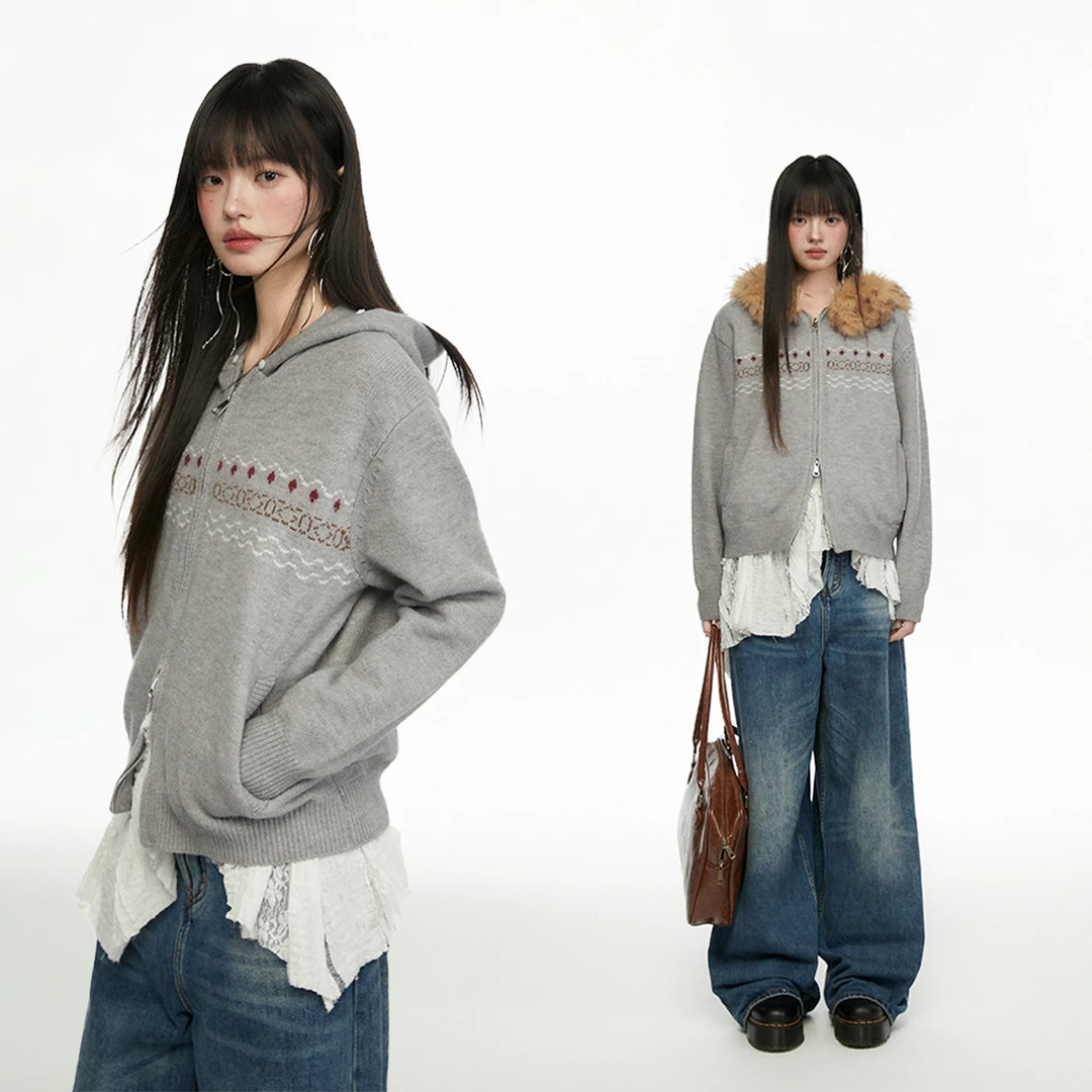 CyNi 美式复古休闲显瘦拉链毛衣外套可拆卸毛领针织连帽开衫女