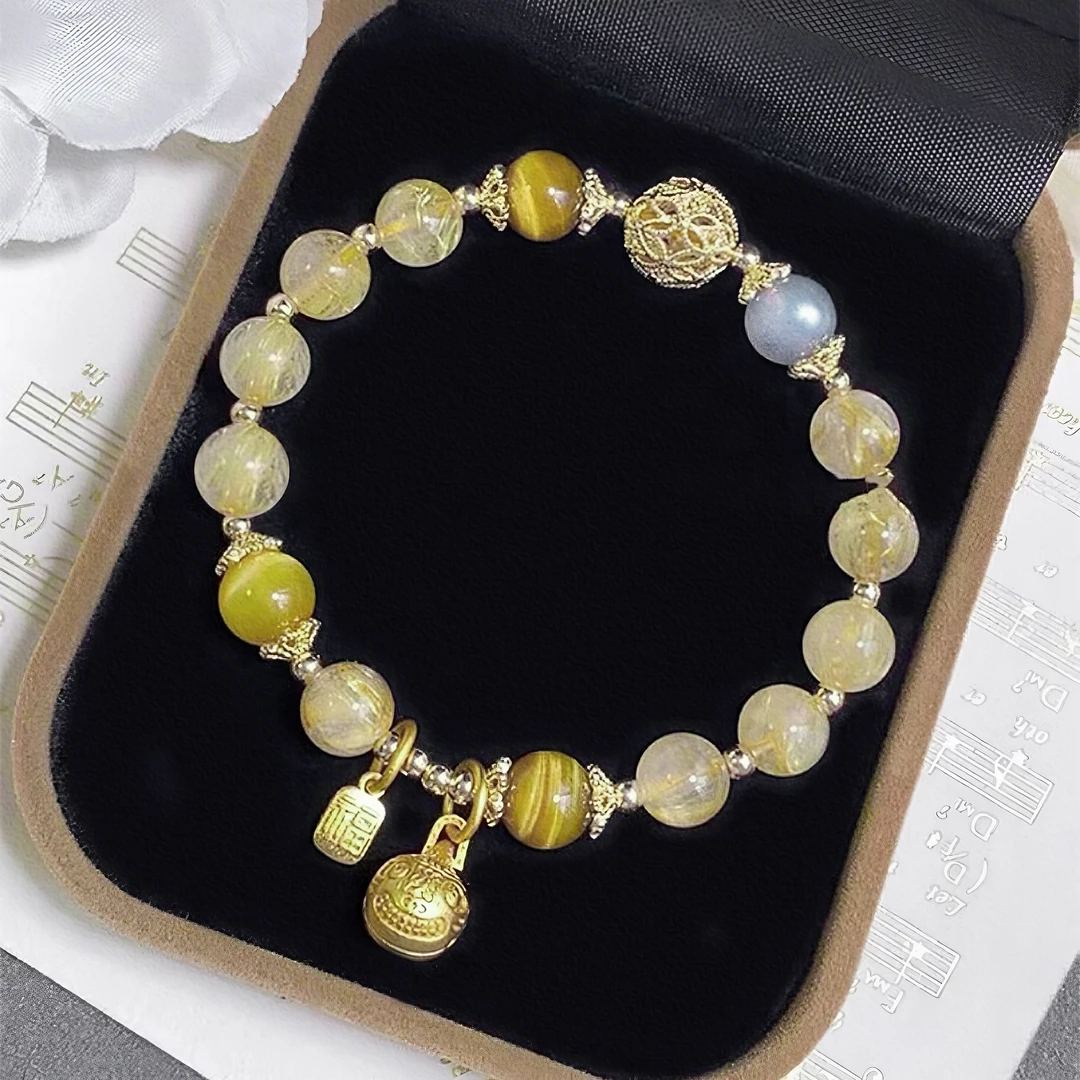 天然黄发晶+月光石手链招招款黄水晶原创设计天然水晶手串