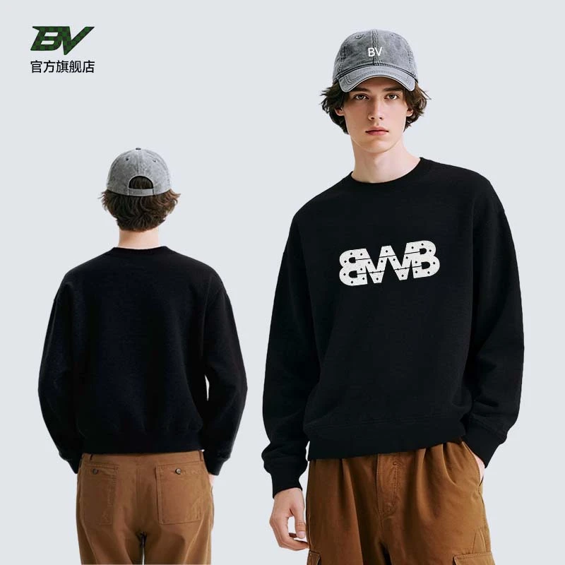 BV圆领套头黑白字母刺绣卫衣男2025秋季新款男士户外休闲免烫上衣