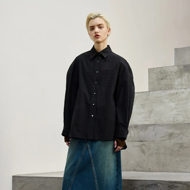 MeeLeeMeeLab 原创绅士优雅水洗棉方领口袋大廓形宽松长袖衬衫