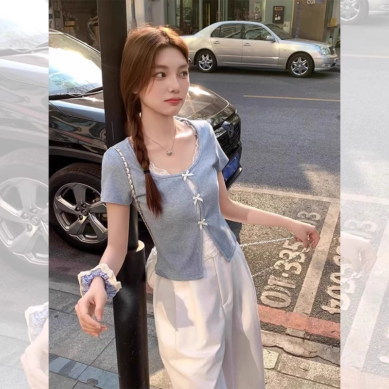 蕾丝蝴蝶结假两件短袖正肩t恤女夏季独特漂亮超好看修身短款上衣