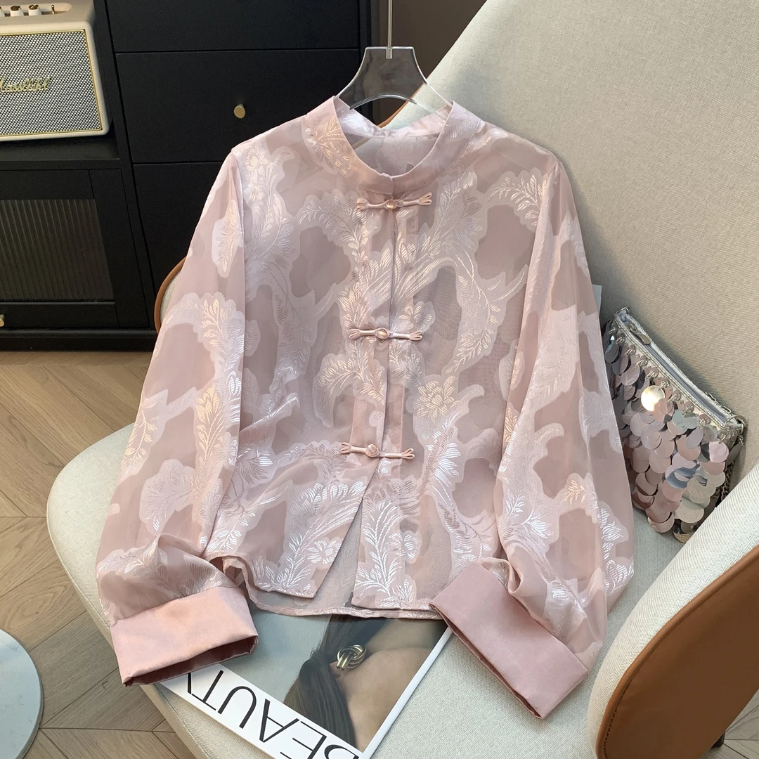 印染提花薄款长袖女士立领上衣中国风重工夏季气质新中式女外套