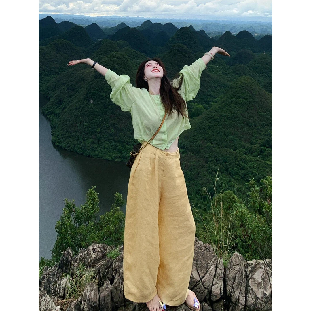 巨推荐，上身绝美！小套装女多巴胺穿搭休闲巨好看的显白衬衣阔腿裤