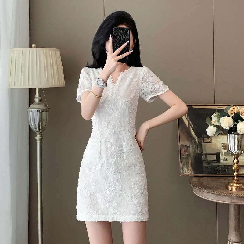 法式拼接正肩版型连衣裙女装显瘦夏季少女风蕾丝短款旗袍裙小个子