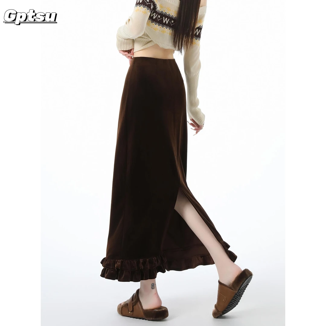 GPTSu金丝绒咖色半身裙女秋冬季新款高腰显瘦中长款A字开叉包臀裙