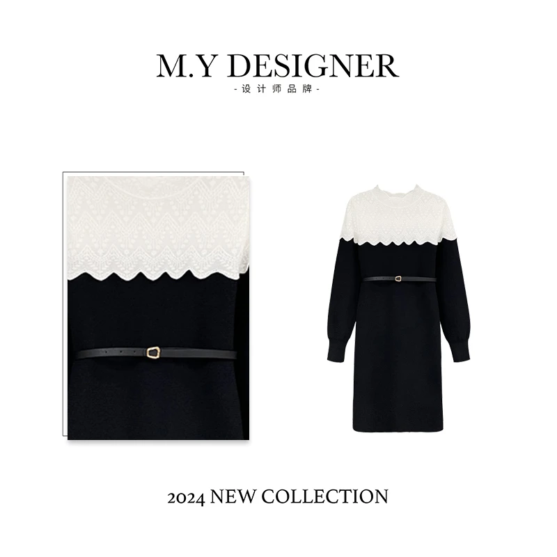 M.Y媛总  法式高级撞色拼接蕾丝半高领针织连衣裙103203