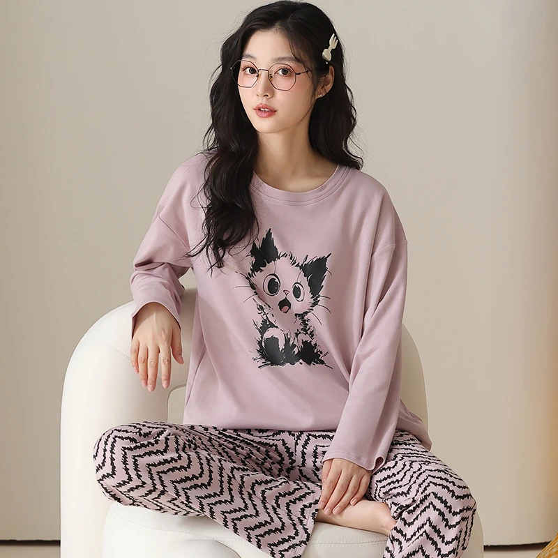 卡之恋睡衣女春秋季新款长袖纯棉紫色大眼猫居服
