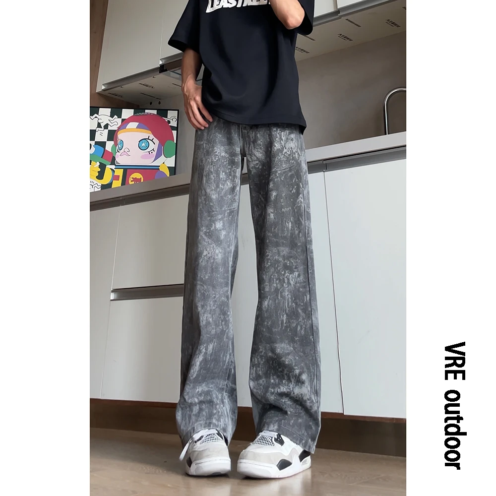 国风泼墨做旧复古牛仔裤男2025秋季新款潮牌印花设计感宽松裤子