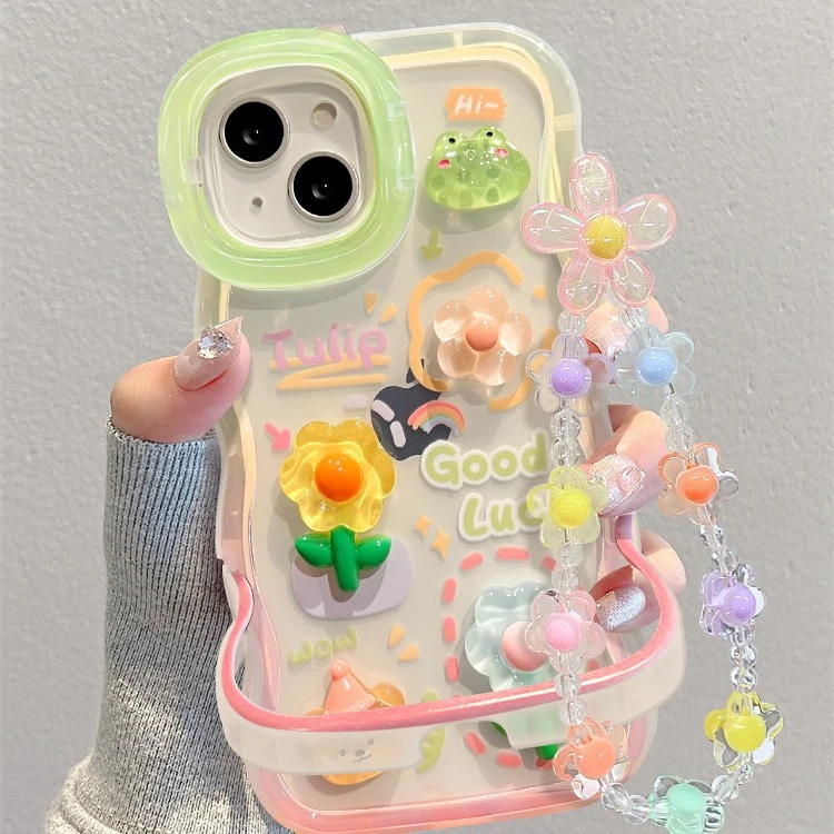 适用苹果15手机壳iphone14兔子青蛙花公仔链条13波浪边隐形双支架