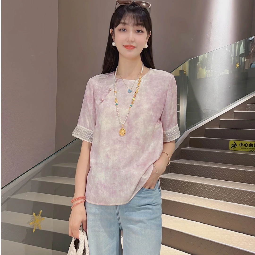 《名妍定制》时尚夏季宽松圆领中式气质百搭衬衫4942