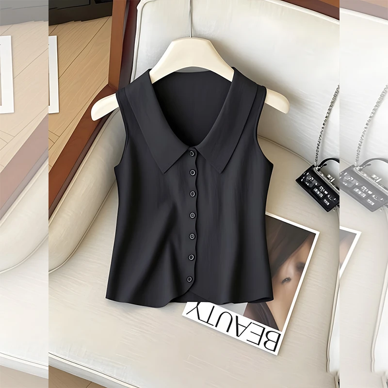 黑色翻领开衫背心女夏季新款百搭超好看衬衫独特别致洋气减龄上衣