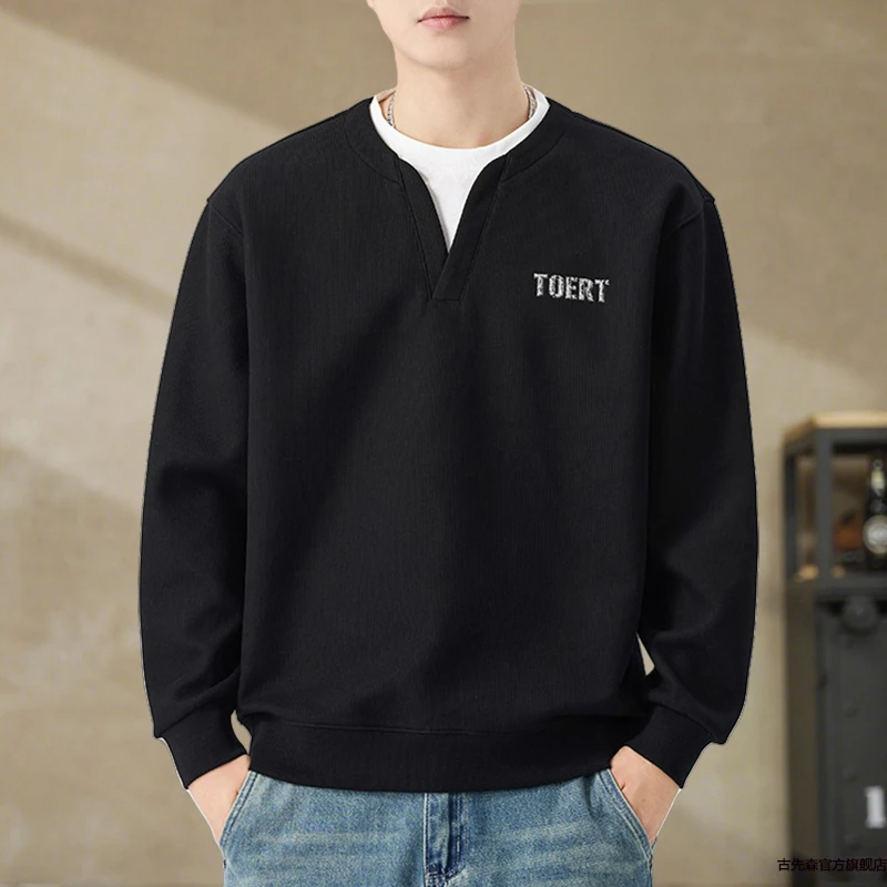 设计感假两件潮牌大码高端卫衣男秋季新款肌理感V领休闲上衣外套