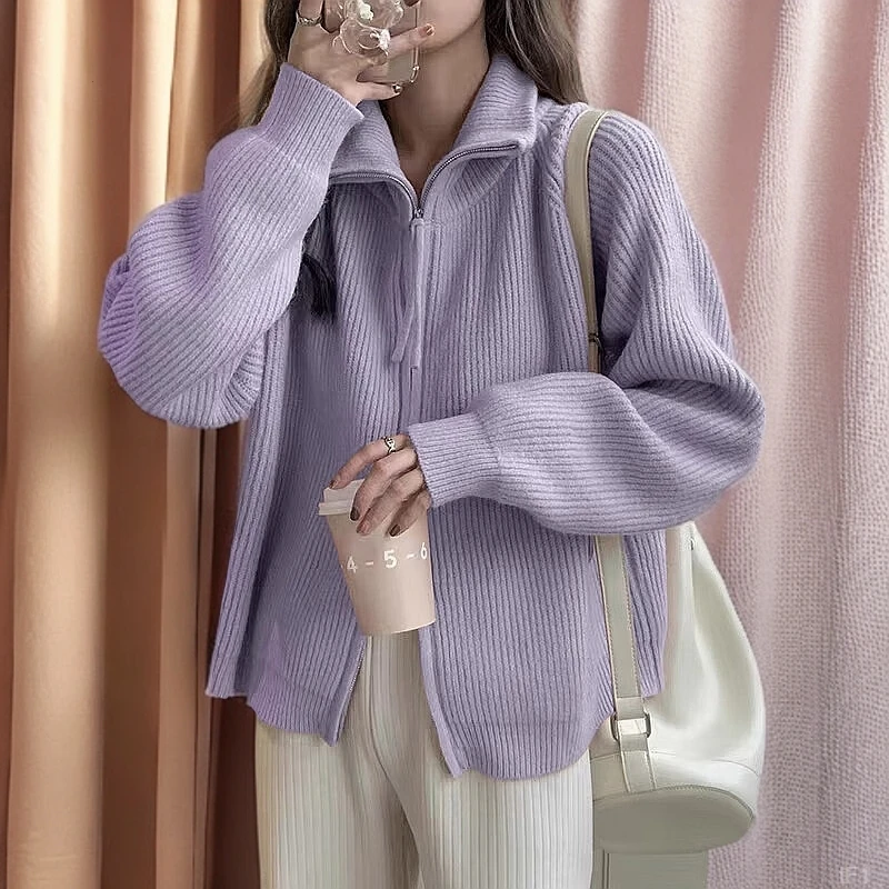 高级感超好看紫色针织开衫外套秋季2025早春新款翻领双拉链毛衣女