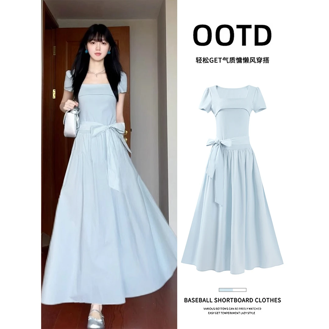 方领法式连衣裙长款女2025夏日绝美多巴胺穿搭小裙子清纯掐腰长裙