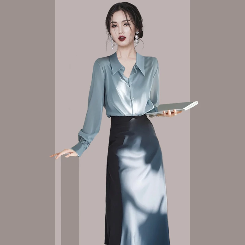 春季上班通勤梨型身材穿搭高冷范气场强大女装蓝色衬衫裙子套装