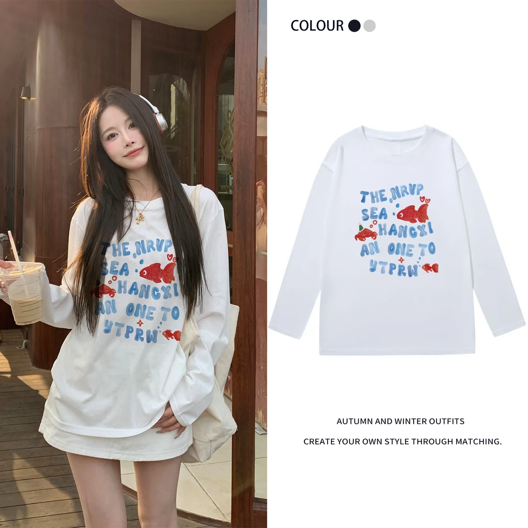 纯棉大码长袖T恤女秋季韩版宽松趣味小鱼字母印花圆领打底衫上衣