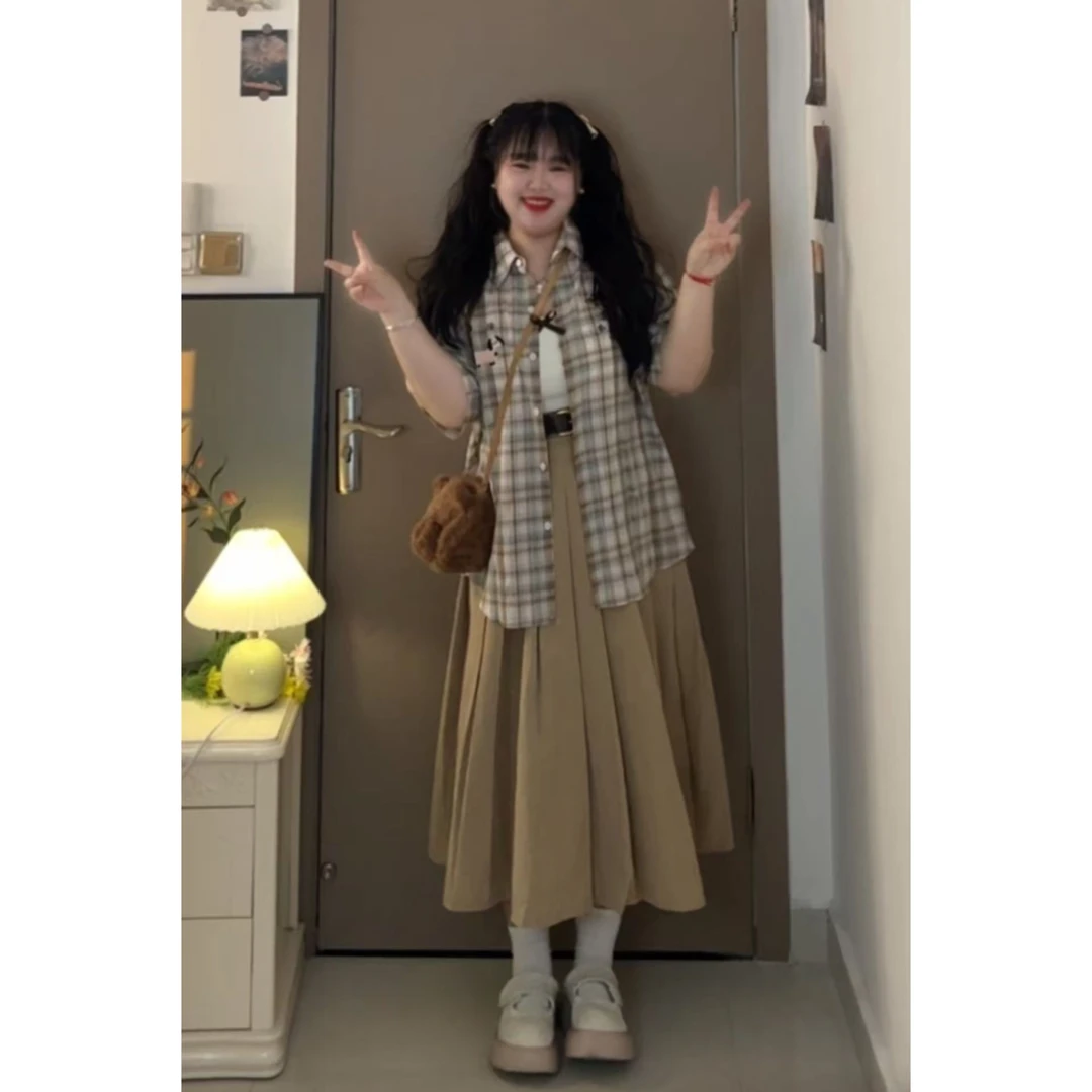 新款大码胖mm吊带格子短袖衬衫半身裙显瘦夏季穿搭一整套装6760